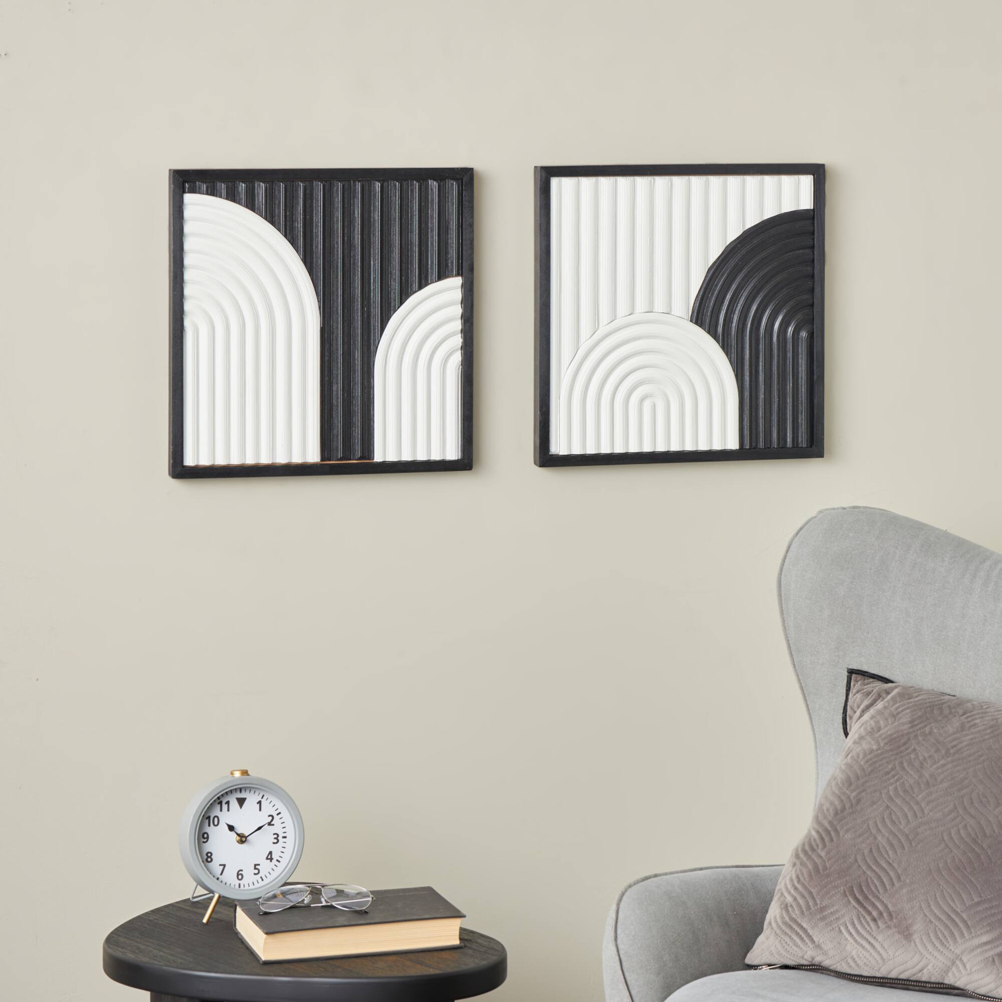 16" x 16" White Wood Geometric Handmade Overlapping Arches Home Wall Décor Set with Black Frame